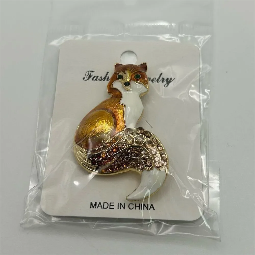 Vibrant Orange Small Enamel Fox Brooch with Rhinestone Accents Sparkle New